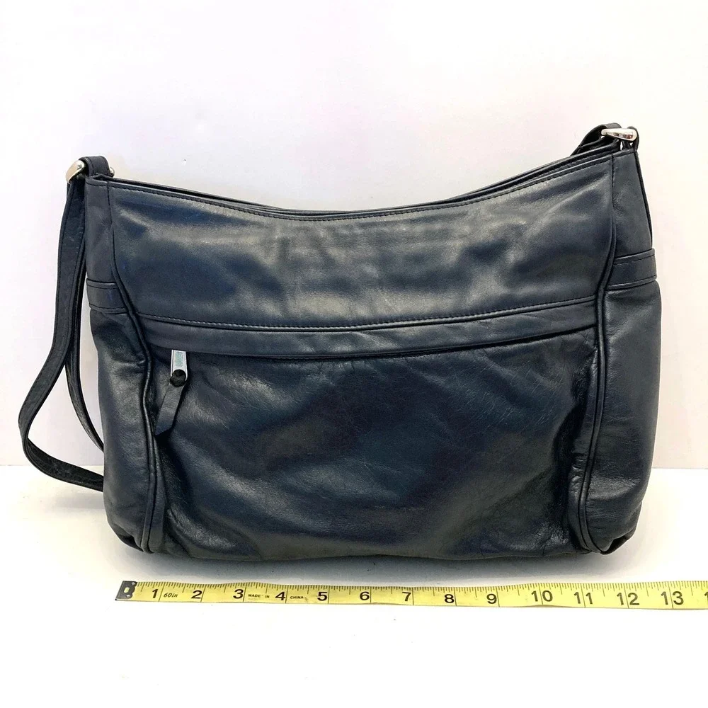 Vtg SAS Shoulder Bag Navy Blue Leather Purse Hand Sewn Made USA‎ Pockets - Picture 6 of 13